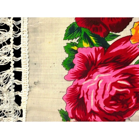 Vtg Fringed Scarf Virgin Wool Japan Pink Red Orange Floral Hand Screen Art Deco - Picture 6 of 9